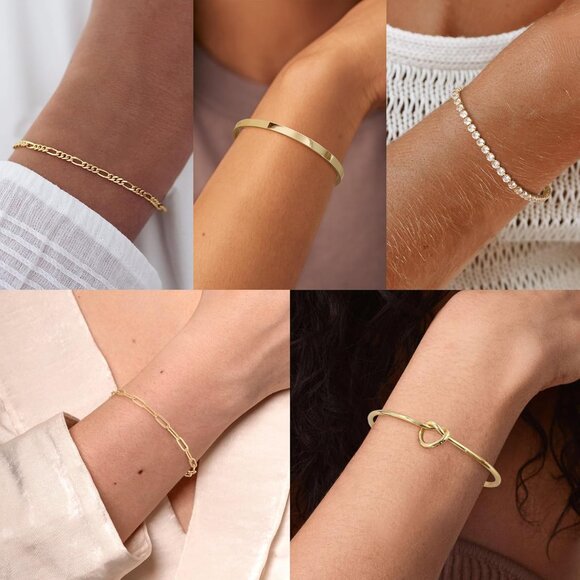 14K Real Gold-D Plated Bangle Cuff Non Tarnish Trendy Stack Bracelets for Women - Picture 6 of 7